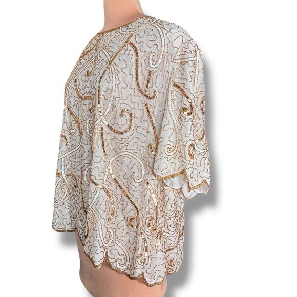 Vintage 90s Beaded Silk Top Metallic Sequin Gold White Evening Blouse Plus Size - Picture 5 of 13